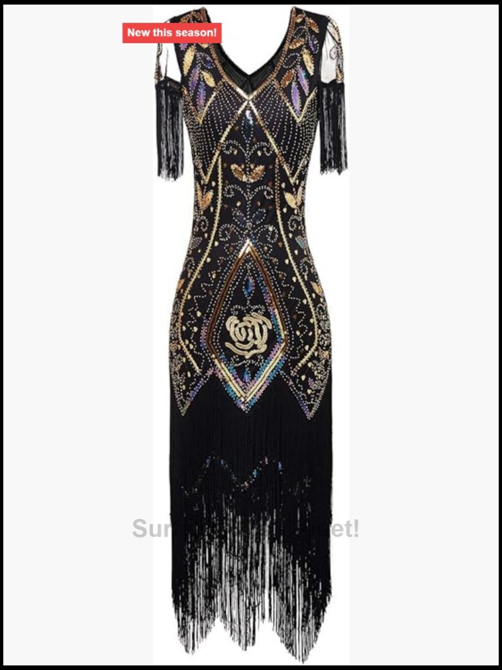 1920s Gatsby Sequin Fringe Dress with Short Sleeve, Fit & Flare V-Neck